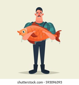 Funny Cartoon Character. Happy Fisherman Holding A Big Gold Fish. Vector Illustration