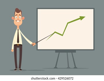 Funny Cartoon Character. Happy Office Worker Making a Presentation. Vector Illustration