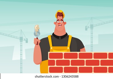 Funny Cartoon Character. Happy Worker Building a Wall. Vector Illustration