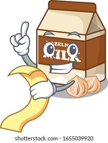 A funny cartoon character of hazelnut milk holding a menu