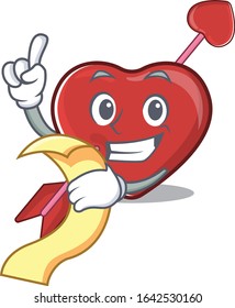 A funny cartoon character of heart and arrow holding a menu