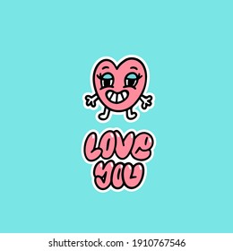 Funny cartoon character Heart and inscription: Love you. Vector illustration in doodle style isolated on blue background .