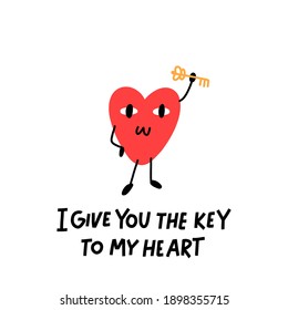 Funny cartoon character Heart and key white background  The inscription: I give you the key to my heart! Vector illustration for Valentine's day 