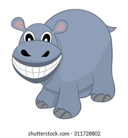 Funny Cartoon Character Hippo With Wide Smile Over White Background.  Hand Drawn in Perspective Elegant Cute Design. Tropical and Zoo  Fauna. Vector illustration. 