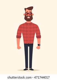 Funny Cartoon Character. Hipster with Sunglasses and Plaid Shirt. Vector Illustration