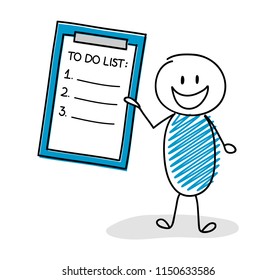 Funny cartoon character holding clipboard with to do list. Vector.