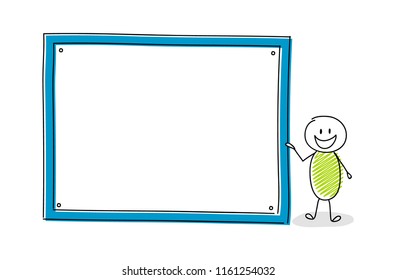 Funny cartoon character holding empty white board. Vector.