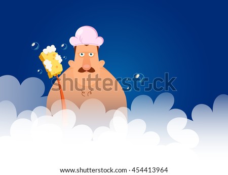Funny Cartoon Character Holding Sponge and Taking Shower. Colorful Vector Illustration