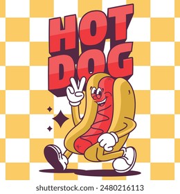  Funny cartoon character of hot dog. Can be used as Sticker, posters, prints. Retro cartoon style. Vector illustration