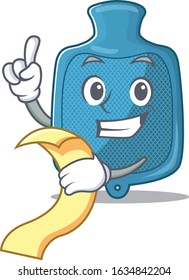 A funny cartoon character of hot water bag with a menu