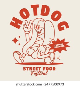 Funny cartoon character of hotdog. Can be used as Sticker, posters, prints. Retro cartoon style. Vector illustration