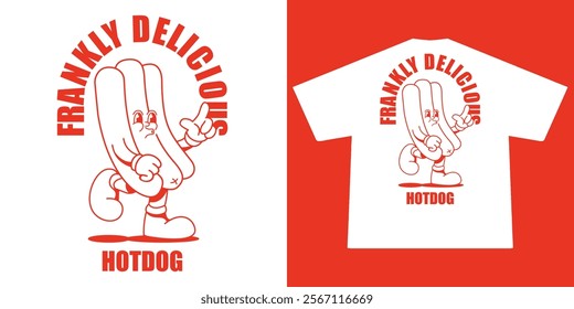  Funny cartoon character of hotdog. Can be used as Sticker, posters, prints. Retro cartoon style. Vector illustration