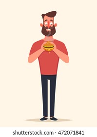 Funny Cartoon Character. Hungry Man Holding Burger. Vector Illustration