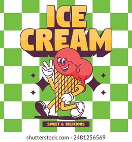 Funny cartoon character of ice cream. Can be used as Sticker, posters, prints. Retro cartoon style. Vector illustration