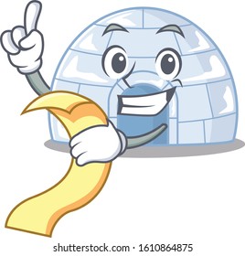 A funny cartoon character of igloo with a menu