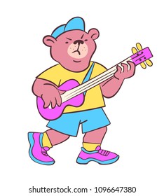 Funny cartoon character isolated on white background, tough bear playing bass guitar. Animal musician. Rock band member. Punk show. Alternative music gig. Cool t-shirt print. Comic style mascot/logo.