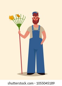 Funny Cartoon Character. Janitor with Rake. Vector Illustration