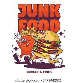 Funny cartoon character of junk food burger and fries. Can be used as Sticker, posters, prints. Retro cartoon style. Vector illustration