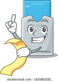 A funny cartoon character of key card with a menu