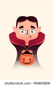Funny Cartoon Character. Kid in Vampire Halloween Costume. Vector Illustration