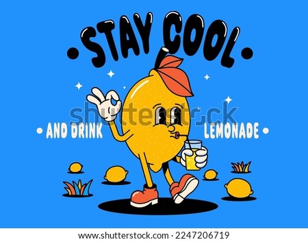 Funny cartoon character of Lemon. Can be used as Sticker, posters, prints. The comic elements in trendy retro cartoon style. Vector illustration