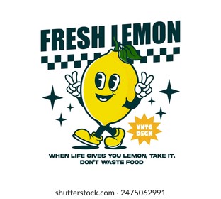 Funny cartoon character of lemon. design can be used as t shirt, sticker, poster, print design, apparel design. groovy vector illustration in retro style