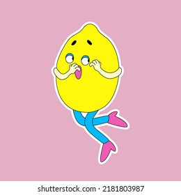 Funny cartoon character Lemon with the emotion of fright. Cute retro-style fruit sticker.