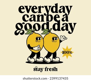 Funny cartoon character of lemon fruit. Can be used as Sticker, posters, prints. Retro cartoon style. Vector illustration