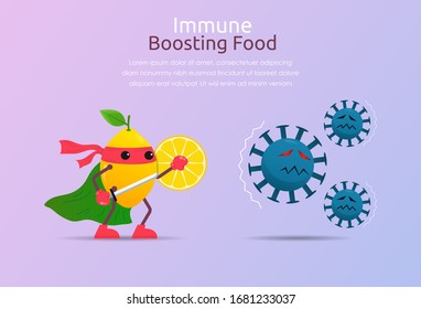 Funny cartoon character of lemon superhero fight against outbreak viruses and bacteria. Power of immune boosting food concept to fight disease. vector illustration