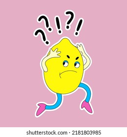 Funny cartoon character Lemon with unresolved questions in his head. Cute retro-style fruit sticker.