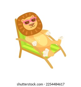 Funny cartoon character lion sunbathing on lounge chair isolated on white background. Cute comic animal relaxing on beach vector illustration. Summer, holiday, wildlife concept