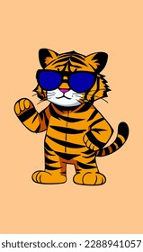 Funny cartoon character little tiger with sunglasses vector illustration