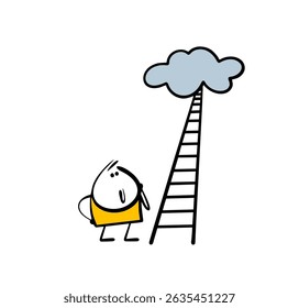 Personagem engraçado de desenho animado olha para o céu. Ilustração vetorial de um adesivo e uma escada para o sucesso nas nuvens. O menino sonha com o céu.