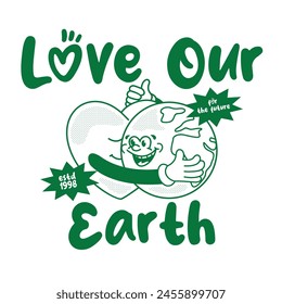 Funny cartoon character of love earth. Can be used as Sticker, posters, prints. Retro cartoon style. Vector illustration