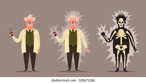 Funny Cartoon Character. Mad Professor Doing Experiment (Electroshock). Vector Illustration