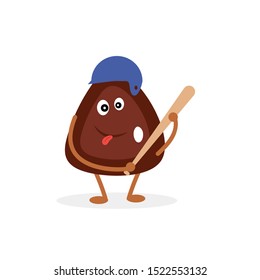 Funny cartoon character made of pine nuts, who plays baseball. Flat isolated illustration on white background.