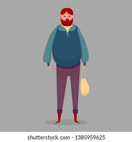 Funny cartoon character. A man with a red beard with a bag in his hand. Vector illustration.