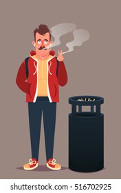 Funny Cartoon Character. Man Standing Near the Trash Bin and Smoking. Vector Illustration