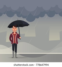 Funny Cartoon Character. Man Standing Under the Rain. Vector Illustration