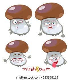 Funny cartoon character with many expressions of mushroom