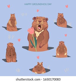 Funny Cartoon Character of Marmot. Various Funny Groundhog's Peep Out of Their Burrows, Predict Spring. Hand Drawn Vector Illustrations.