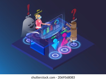 Funny cartoon character meeting online business group. Visual reality technology HUD and VR hologram chat. Isometric hi-tech 3D on background interface. Brainstorming on social media