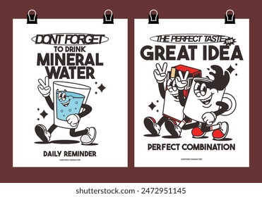 Funny cartoon character of mineral water, coffee and cigarette. Can be used as Sticker, posters, prints. Retro cartoon style. Vector illustration