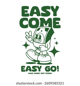Funny cartoon character of money. Can be used as Sticker, posters, prints. Retro cartoon style. Vector illustration