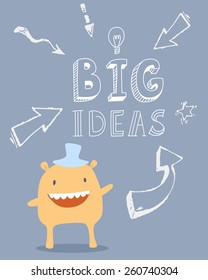 Funny cartoon character monster with Light bulb of big idea text in hand drawn doodle cartoon style for your creative business.Vector illustration