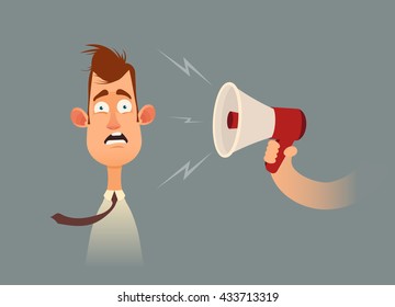 Funny Cartoon Character. Mouthpiece Screaming on Confused Office Worker. Vector Illustration