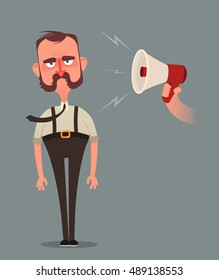 Funny Cartoon Character. Mouthpiece Screaming On Grumpy Office Worker. Vector Illustration