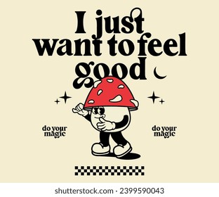 Funny cartoon character of mushroom. Can be used as Sticker, posters, prints. Retro cartoon style. Vector illustration