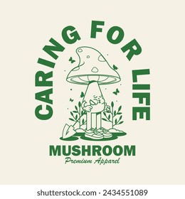 Funny cartoon character of mushroom. Can be used as Sticker, posters, prints. Retro cartoon style. Vector illustration