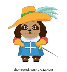 Funny cartoon character. Musketeer dog in a hat with feathers, boots, gloves and a sword. Illustration isolated on white background.